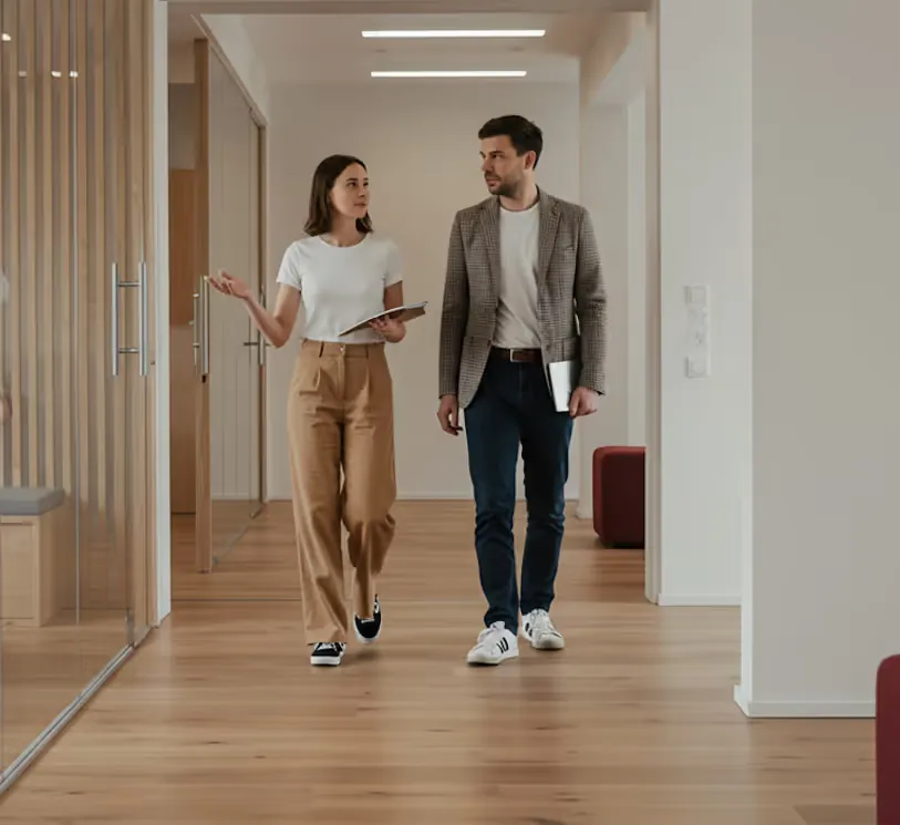 A woman and a man walking and talking in a modern office