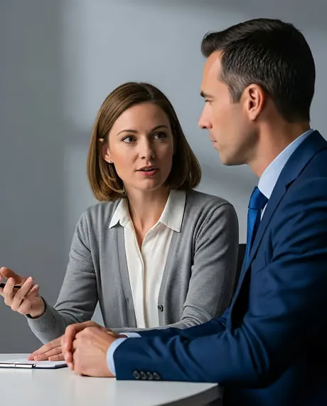 A woman explaining a plan to a colleague at a desk